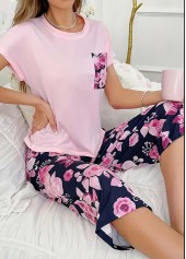Pink Floral Print Short Sleeve Lounge Top and Pants
