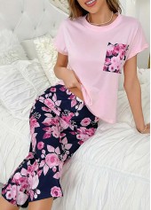 Pink Floral Print Short Sleeve Lounge Top and Pants | thumb picture 