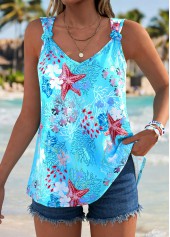 Cyan Tie Marine Life Print Strappy Tank Top