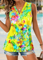 Yellow Floral Print Sleeveless V Neck Tank Top | thumb picture 