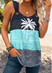 Cyan Tummy Coverage Tropical Plants Print Sleeveless Tank Top | thumb picture 