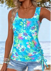 Cyan Tummy Coverage Floral Print Sleeveless Tank Top
