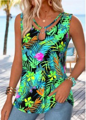 Green Tummy Coverage Tropical Plants Print Sleeveless Tank Top