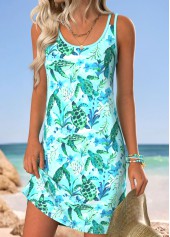 Cyan Tummy Coverage Marine Life Print Short Strappy Dress