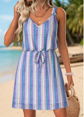 Purplish Blue Tummy Coverage Multi Stripe Print Short Dress