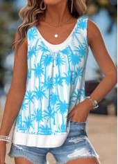 Light Blue Tummy Coverage Tropical Plants Print Tank Top