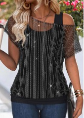 Black Tummy Coverage Short Sleeve One Shoulder T Shirt