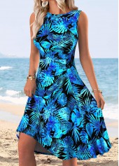 Blue Tummy Coverage Tropical Plants Print Sleeveless Dress