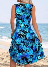Blue Tummy Coverage Tropical Plants Print Sleeveless Dress | thumb picture 
