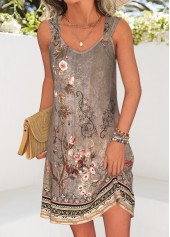 Gray Brown Tummy Coverage Random Floral Print Short Dress