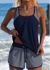 Tummy Coverage Mid Waisted Striped Navy Tankini Set