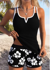 Tummy Coverage Mid Waisted Floral Print Black Tankini Set