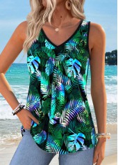 Multi Color Tummy Coverage Tropical Plants Print Tank Top