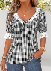 Black Tummy Coverage Gingham Print Short Sleeve Blouse