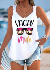 White Tie Letter Print Strappy V Neck Tank Top