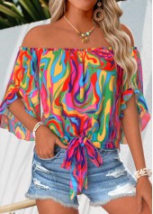 Multi Color Tie Striped Half Sleeve Off Shoulder Blouse