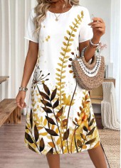 White Tummy Coverage Plants Print A Line Dress