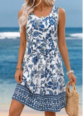 Blue Tummy Coverage Tribal Print Sleeveless Round Neck Dress | thumb picture 