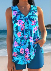 Tummy Coverage Peacock Blue Tropical Plants Print Tankini Set