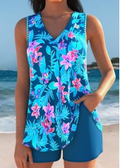 Tummy Coverage Peacock Blue Tropical Plants Print Tankini Set | thumb picture 
