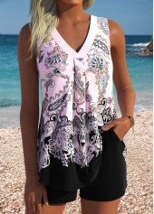 Pocket Mid Waisted Tribal Print Multi Color Tankini Set
