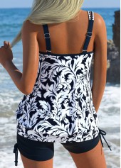 Blouson Mid Waisted Tropical Plants Print Navy Tankini Set | thumb picture 