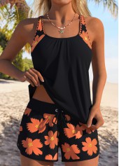 Tummy Coverage Mid Waisted Floral Print Black Tankini Set