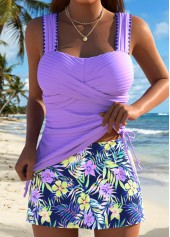 Tummy Coverage Mid Waisted Floral Print Purple Tankini Set