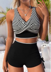 Pull On Mid Waisted Striped Black Bikini Set