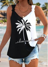 Black Tie Tropical Plants Print Strappy Tank Top
