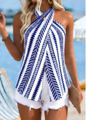 Blue Curved Hem Tribal Print Sleeveless Halter Tank Top