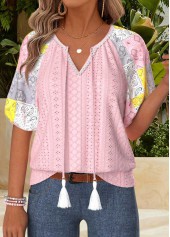 Light Pink Tummy Coverage Patchwork Half Sleeve Blouse