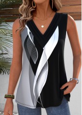 Black Geometric Print Sleeveless V Neck Tank Top
