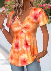 Orange Floral Print Twist Short Sleeve T Shirt | thumb picture 