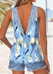 Light Blue Patchwork Floral Print Sleeveless Tank Top
