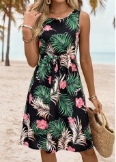 Black Tummy Coverage Tropical Plants Print Sleeveless Dress