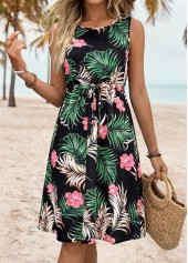 Black Tummy Coverage Tropical Plants Print Sleeveless Dress | thumb picture 