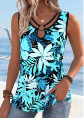 Cyan Floral Print Tummy Coverage Sleeveless Tank Top