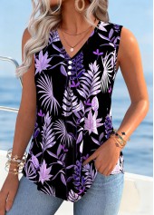 Purple Tummy Coverage Leaf Print Sleeveless Tank Top | thumb picture 