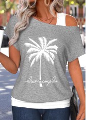 Grey Tummy Coverage Tropical Plants Print T Shirt