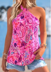 Hot Pink Tummy Coverage Paisley Print Sleeveless Tank Top