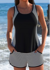 Pocket Mid Waisted Striped Black Tankini Set