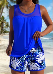Mid Waisted Tropical Plants Print Royal Blue Tankini Set