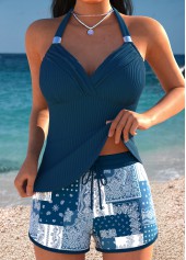 Tummy Coverage High Waisted Patchwork Peacock Blue Tankini Set