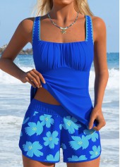 Royal Blue Mid Waisted Floral Print Tankini Set
