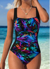 Tummy Coverage Tropical Plants Print Black One Piece Swimwear