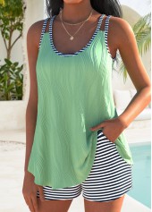 Tummy Coverage Mid Waisted Striped Sage Green Tankini Set | thumb picture 