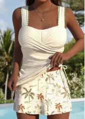 Tummy Coverage Mid Waisted Tropical Plants Print Tankini Set