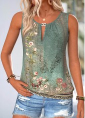Green Shirred Tribal Print Sleeveless Round Neck Tank Top