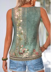 Green Shirred Tribal Print Sleeveless Round Neck Tank Top | thumb picture 